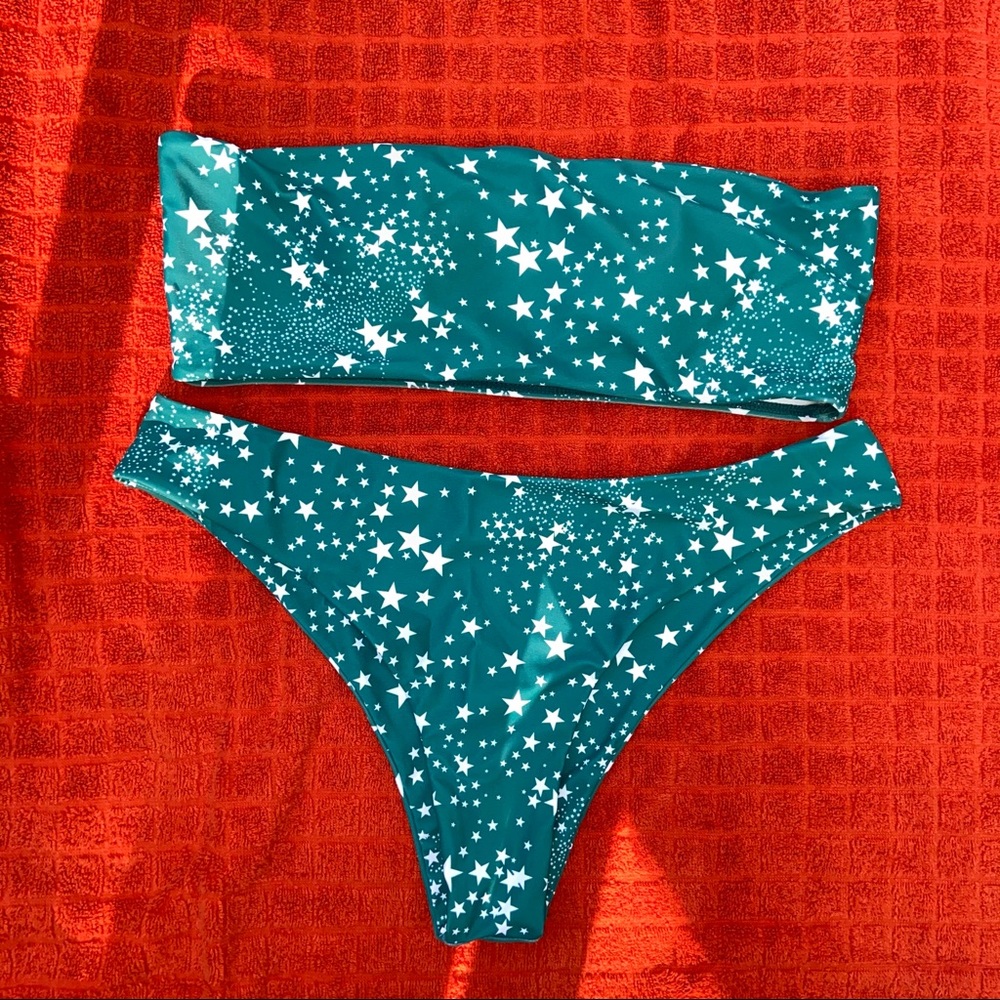 Teal White Star Print Cheeky Bikini Medium
